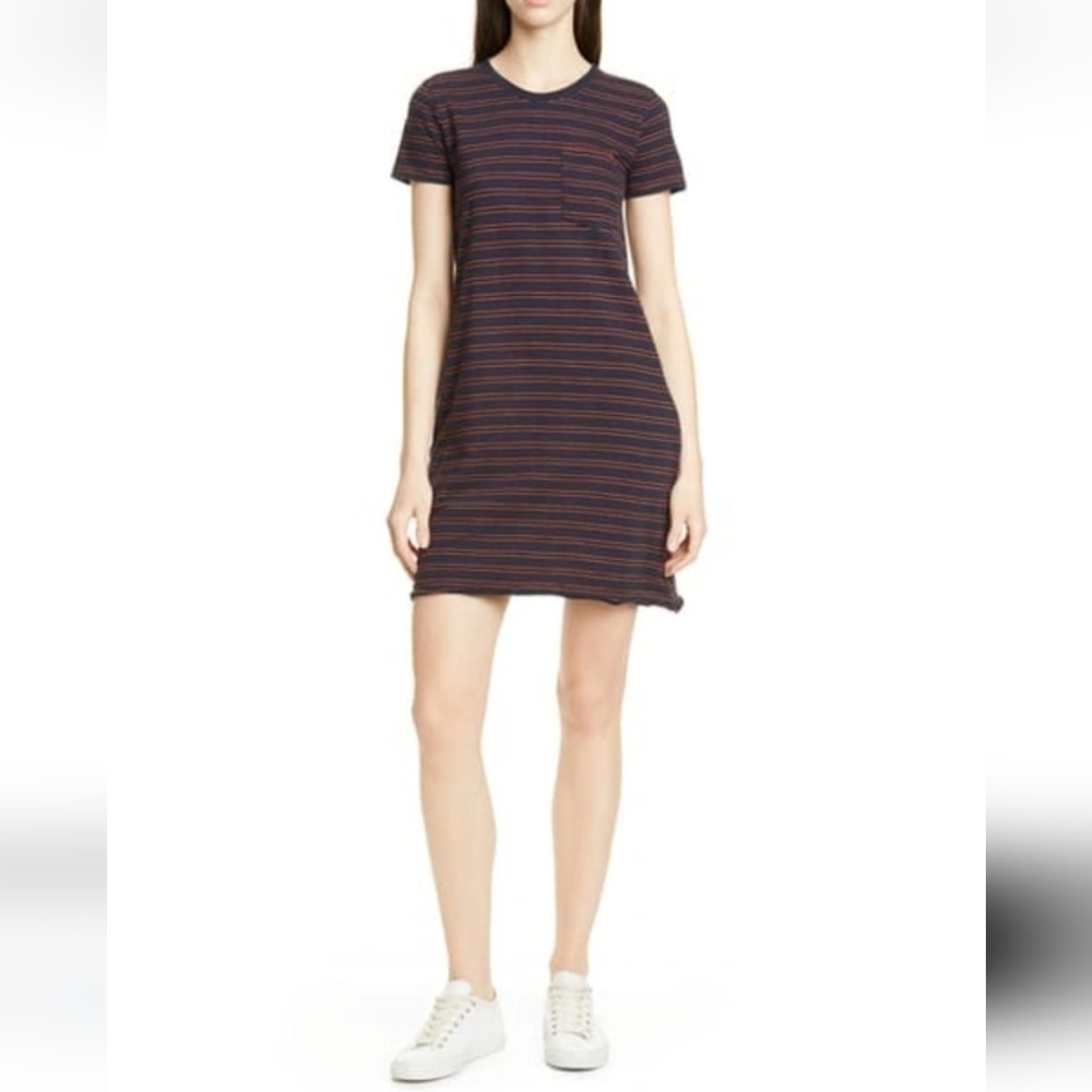 ATM Stripe Jersey T-shirt Dress Pavement/ Cedar Large Casual Pocket Shirtdress